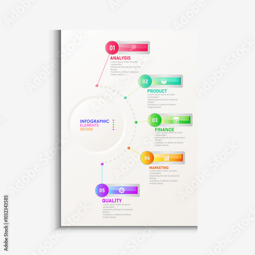 Design template for vector infographic labels with icons and 5 options or steps. Suitable for process diagrams, presentations, workflow layouts, banners, flow charts, and infographics.