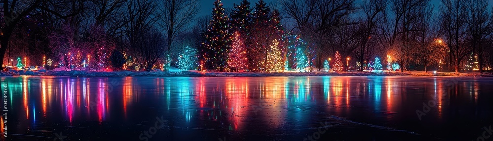 Vibrant holiday lights reflect on a serene frozen lake, creating a colorful winter wonderland scene with festive trees and twinkling decorations.