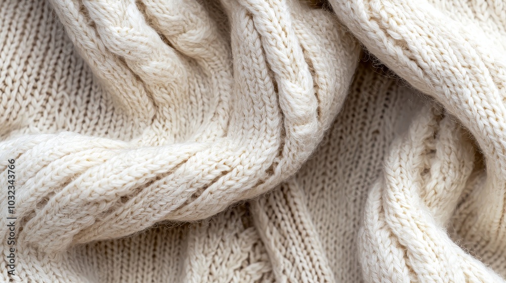 Cozy Knit Texture of Cream Wool Sweater with Cable Patterns Cozy Knit Texture of Cream Wool Sweater with Cable Patterns