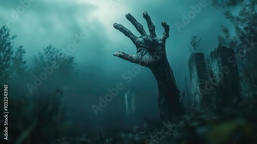 A decaying zombie hand reaching up from the ground in a foggy graveyard.