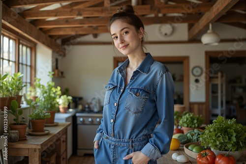 A woman in her late 20s wearing a stylish denim jumpsuit, standing confidently in a farmhouse setting: The blend of fashion & rustic charm symbolizes confidence, modern farm living, & countryside vibe photo