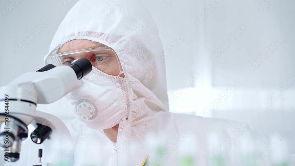 Professional scientist in protective gear is using microscope in a laboratory setting, close-up of researcher. Science and medicine concepts