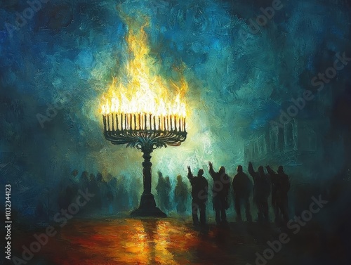 Silhouettes gather around a burning Menorah against a vibrant backdrop, capturing a scene of reflection and cultural celebration. photo