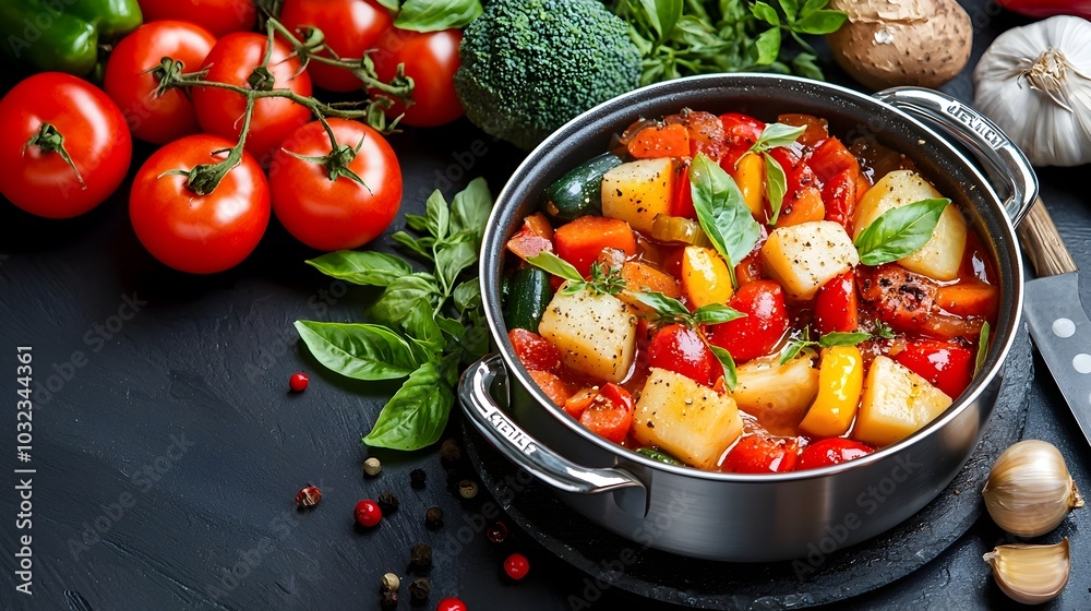 A vibrant and flavorful vegetable stew simmering in a cast iron pot filled with a variety of seasonal produce for a nourishing and comforting meal A vibrant and flavorful vegetable stew simmering in a cast iron pot filled with a variety of seasonal produce for a nourishing and comforting meal