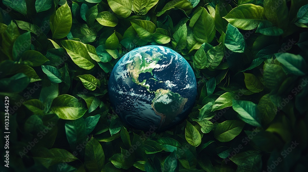 Earth Day concept featuring vibrant planet surrounded by lush green leaves symbolizing harmony between nature and the environment perfect for promoting ecofriendly awareness Earth Day concept featuring vibrant planet surrounded by lush green leaves symbolizing harmony between nature and the environment perfect for promoting ecofriendly awareness