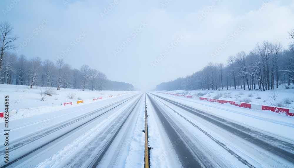 Digital painting of deserted snow-covered highway with barriers, winter transportation collapse scene Digital painting of deserted snow-covered highway with barriers, winter transportation collapse scene