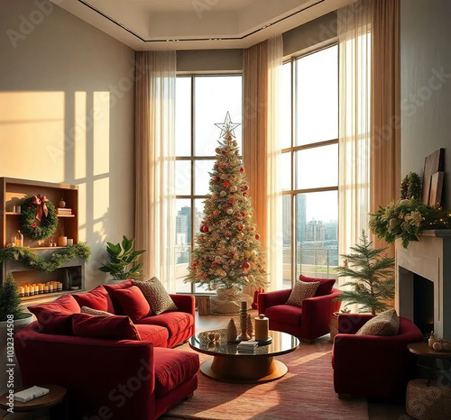 modern luxury festive apartment interior with new year decoration. merry christmas and happy new year 2025