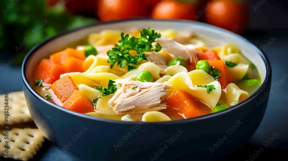 A steaming bowl of homemade chicken noodle soup filled with tender chicken savory broth and delicate noodles served alongside crisp crackers for a comforting and wholesome meal A steaming bowl of homemade chicken noodle soup filled with tender chicken savory broth and delicate noodles served alongside crisp crackers for a comforting and wholesome meal