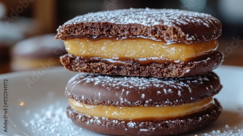 Close-up of a classic alfajor with dulce de leche filling and half-coated in chocolate