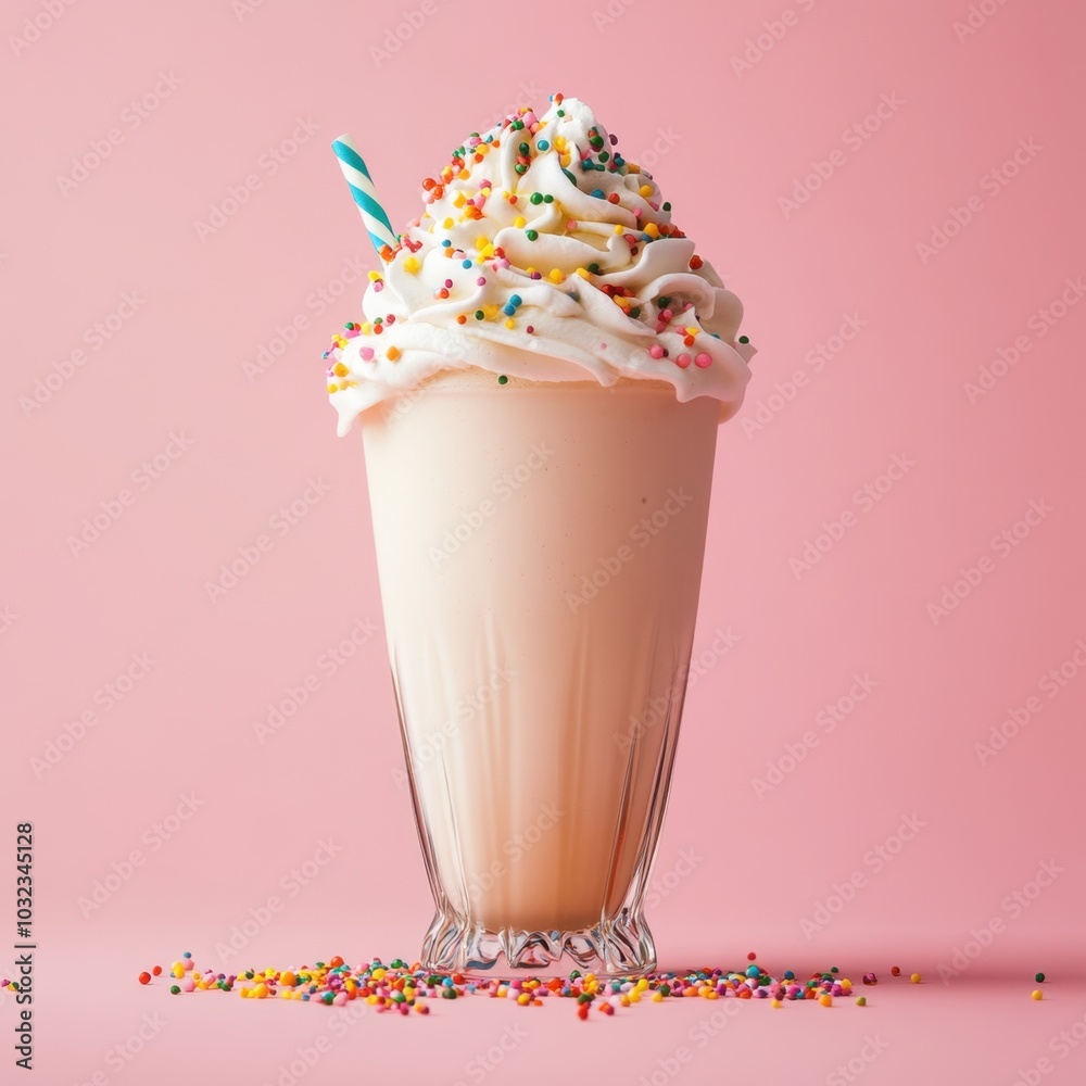 Vanilla milkshake in a frosted glass with whipped cream and colorful sprinkles
Vanilla milkshake in a frosted glass with whipped cream and colorful sprinkles