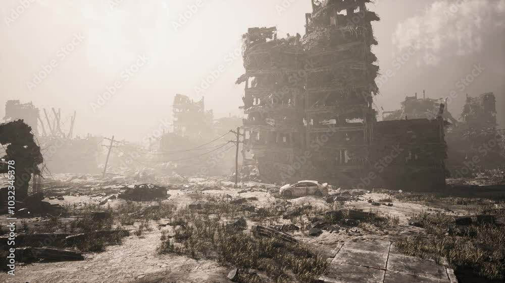 The remnants of buildings lie in ruins after military strikes devastated the city, leaving debris scattered and the landscape bleak. Grass grows among the destruction, highlighting the aftermath. The remnants of buildings lie in ruins after military strikes devastated the city, leaving debris scattered and the landscape bleak. Grass grows among the destruction, highlighting the aftermath.