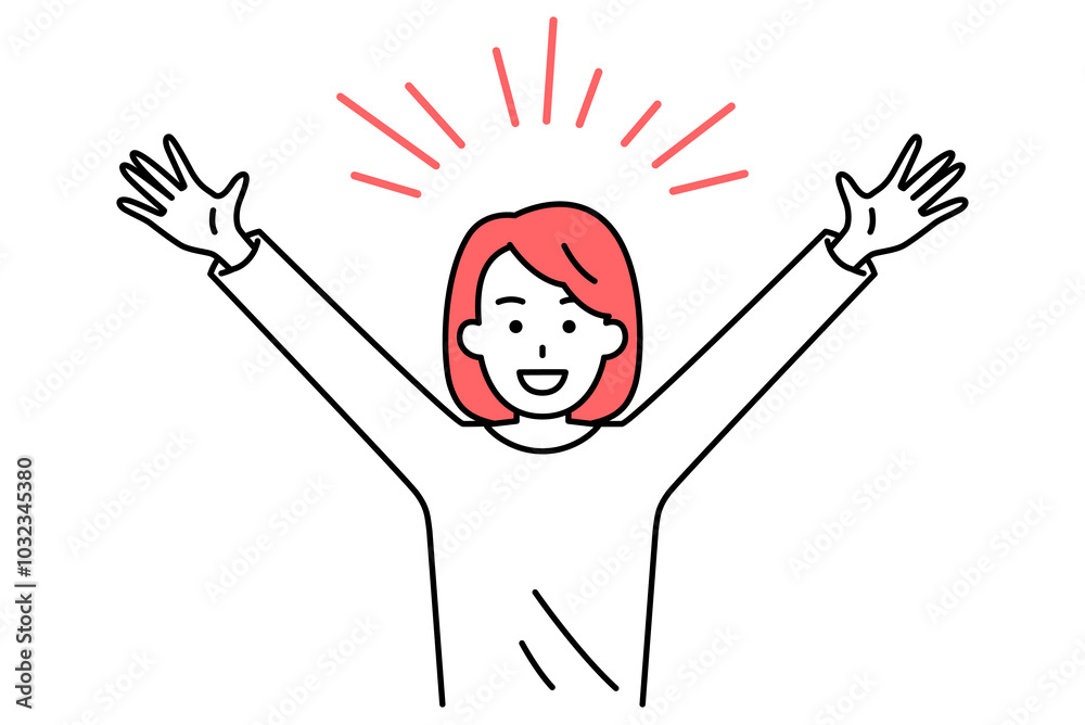 バンザイで喜ぶカジュアルな女性