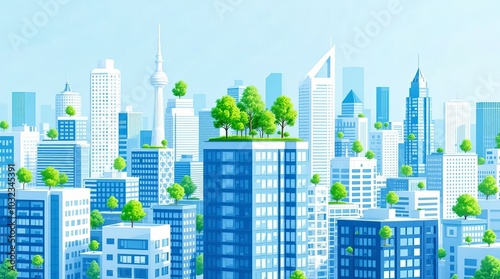 Modern Cityscape with Green Spaces and Buildings – Eco City, Urban Greenery