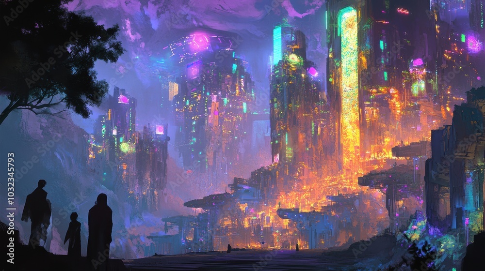 Obraz premium Silhouettes stand before a glowing, futuristic city.