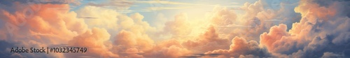 Serene Skyline. Fluffy Cumulus Clouds with Warm Hues and Soft Light. Cloudscape, Skyscape. Beautiful, Aesthetic Scene