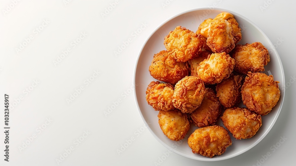 A white plate of golden brown, crispy, bite-sized chicken nuggets on a white background. A white plate of golden brown, crispy, bite-sized chicken nuggets on a white background.