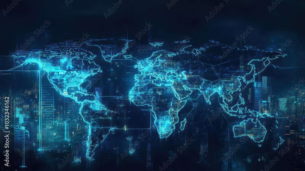 Digital world map on cityscape background. Digital world map on cityscape background.