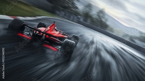 Red race car speeds around track corner.