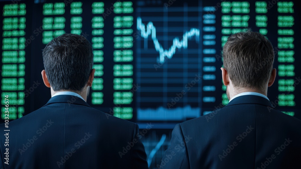 Two businessmen observe stock market data on screens displaying financial graphs and green indicators, suggesting market trends and analysis. Two businessmen observe stock market data on screens displaying financial graphs and green indicators, suggesting market trends and analysis.