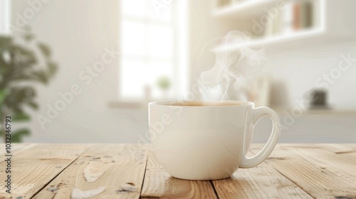 Steaming coffee mug on wooden table in bright sunlit room with shelves and plant