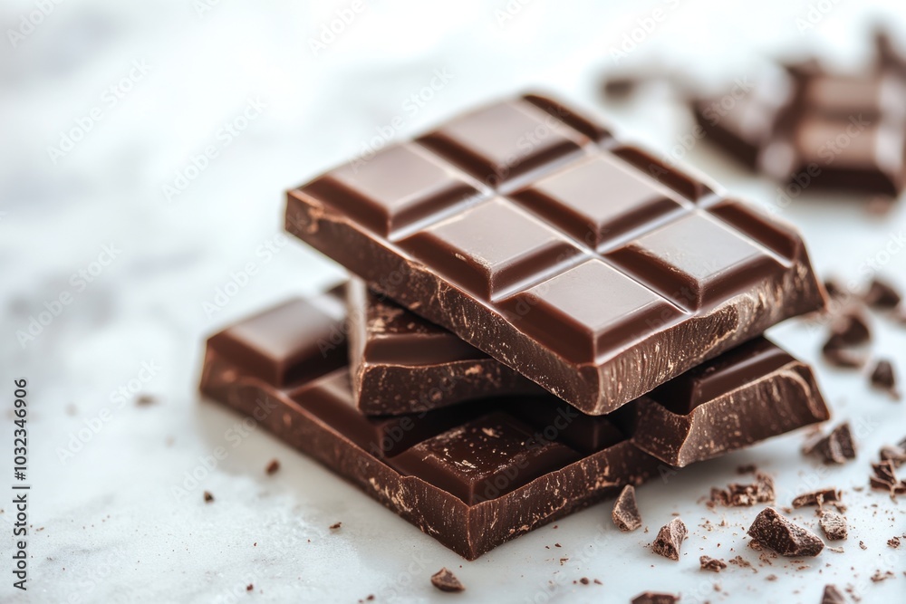 Glossy chocolate bar broken into pieces on a simple plate in minimalist style
Glossy chocolate bar broken into pieces on a simple plate in minimalist style