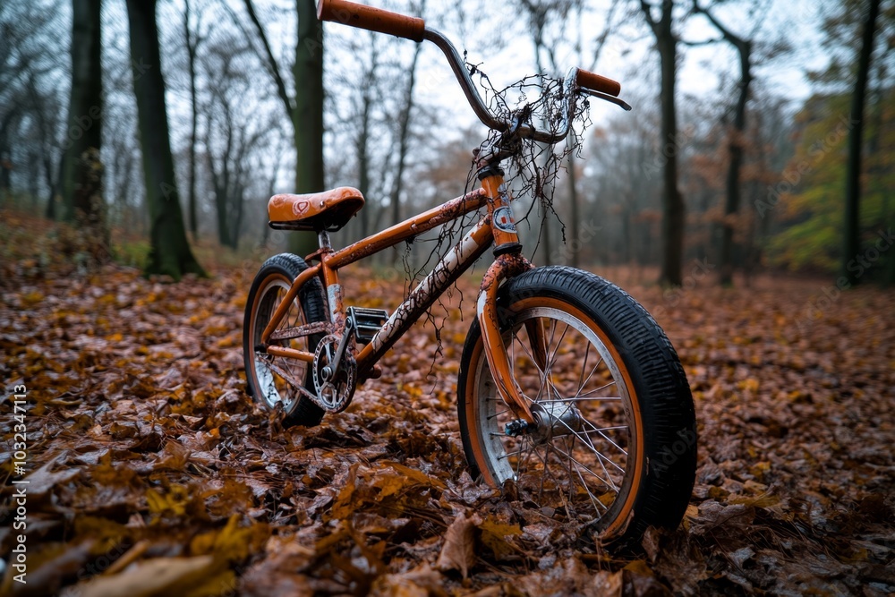 Old bicycle left in a haunted forest, with vines creeping over the frame Old bicycle left in a haunted forest, with vines creeping over the frame