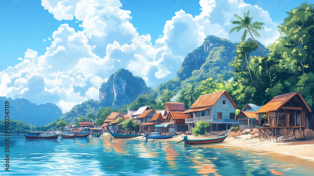 Fototapeta premium Tranquil coastal village with traditional boats and lush mountains