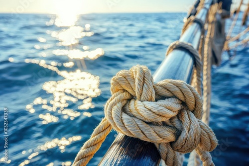 Rope knot tightly bound to the ship s rail, sunlight dancing on the waves as the ship sails through calm waters, maritime precision, focus on adventure and peacefulness