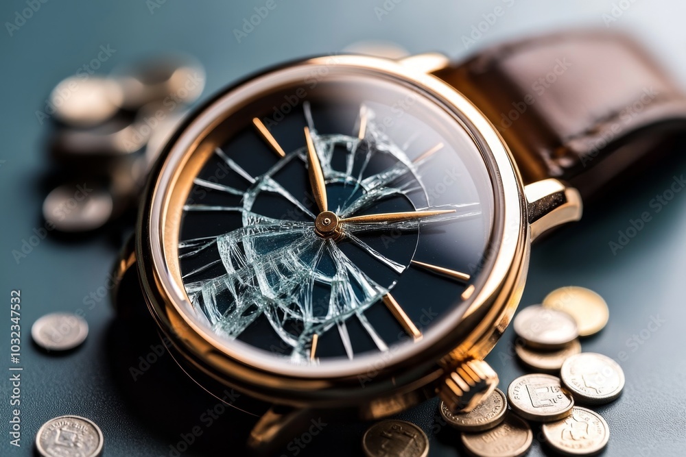 Fototapeta premium Old wristwatch with a cracked glass face, lying beside loose change