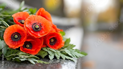 Vibrant Red Poppy Flowers Laid Carefully on the Steps of a War Memorial Serving as a Solemn Tribute and Symbol of Respect for the Fallen Soldiers Who Sacrificed Their Lives