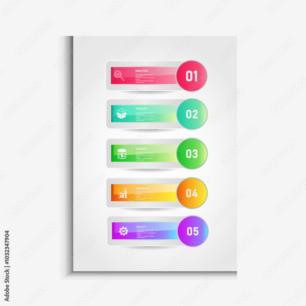 Design template for vector infographic labels with icons and 5 options or steps. Suitable for process diagrams, presentations, workflow layouts, banners, flow charts, and infographics. Design template for vector infographic labels with icons and 5 options or steps. Suitable for process diagrams, presentations, workflow layouts, banners, flow charts, and infographics.