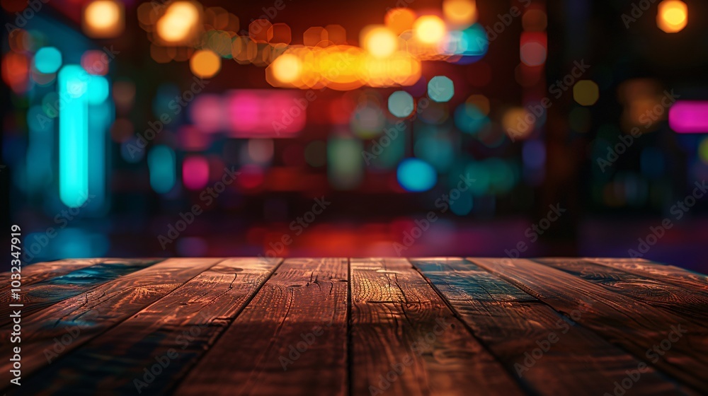A rustic wooden table against a blurred bokeh backdrop, perfect for highlighting products or design elements.