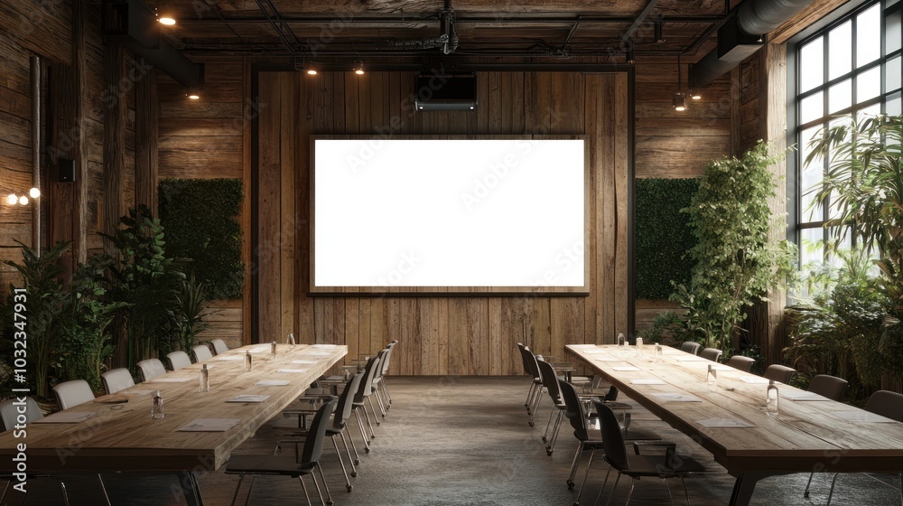 A modern conference room with a large screen and a long table for meetings. A modern conference room with a large screen and a long table for meetings.