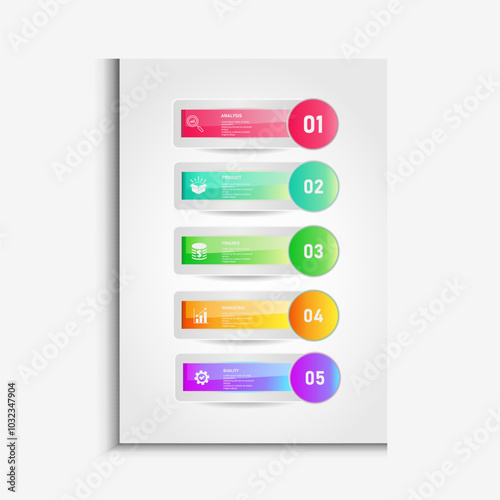 Design template for vector infographic labels with icons and 5 options or steps. Suitable for process diagrams, presentations, workflow layouts, banners, flow charts, and infographics.