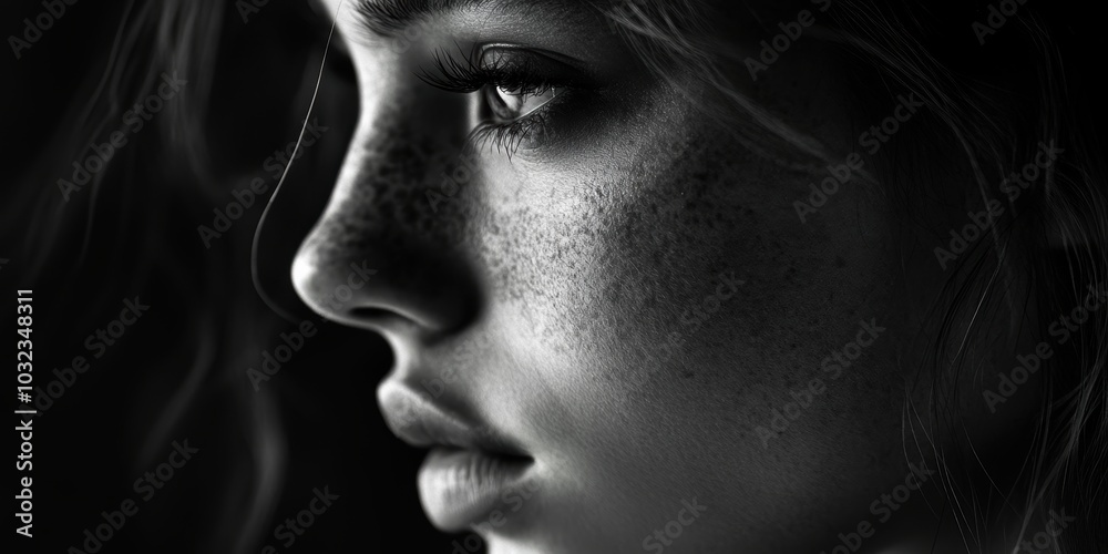 Close-up black and white portrait of a woman.