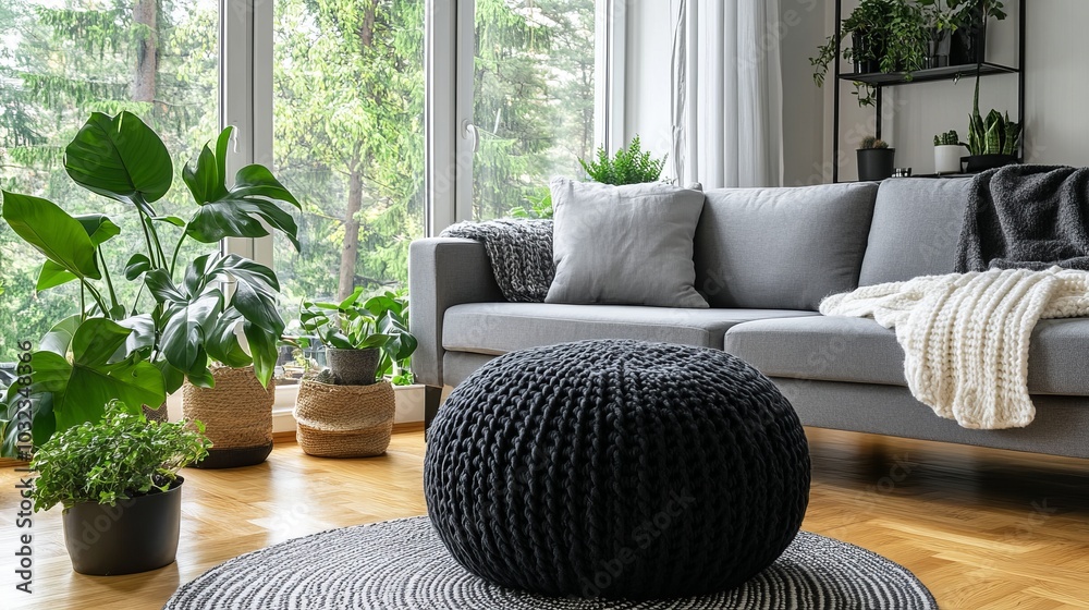 Cozy Minimalist Living Room with Knitted Pouf and Green Touches Cozy Minimalist Living Room with Knitted Pouf and Green Touches