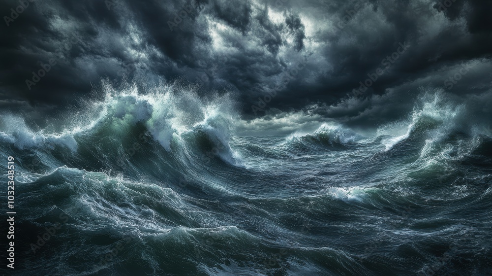 Dark stormy sky above raging ocean waves. Dark stormy sky above raging ocean waves.