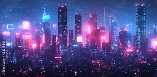 Futuristic cityscape at night with glowing neon lights and skyscrapers.