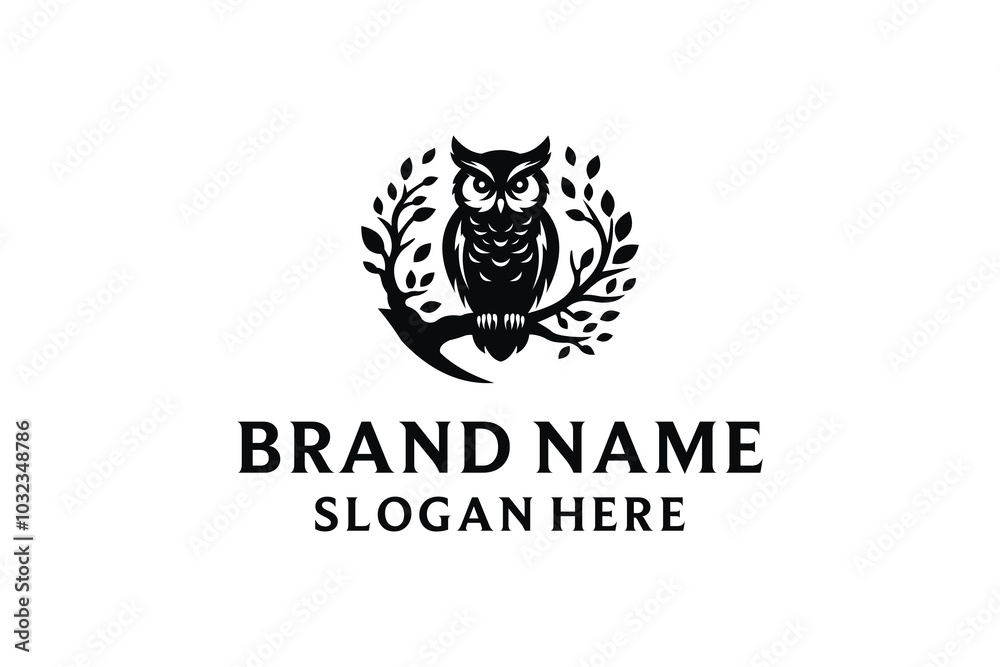 An Owl Perched on a Tree Branch Silhouette Vector Illustration on White Background. An Owl Perched on a Tree Branch Silhouette Vector Illustration on White Background.