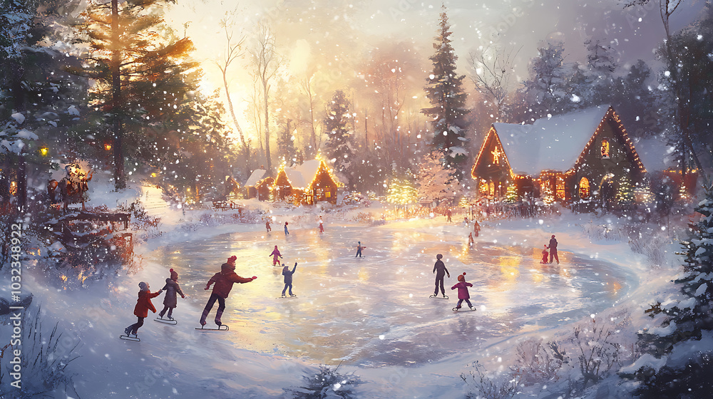 A whimsical scene of children ice skating on a frozen pond in a snow-covered forest, with a cozy Christmas village in the background A whimsical scene of children ice skating on a frozen pond in a snow-covered forest, with a cozy Christmas village in the background