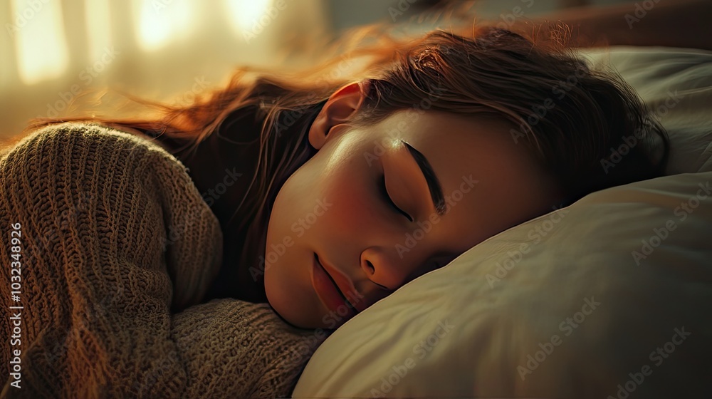 A close-up of a person sleeping on their side, hugging a pillow, with a serene expression, capturing the essence of relaxation and deep rest. A close-up of a person sleeping on their side, hugging a pillow, with a serene expression, capturing the essence of relaxation and deep rest.