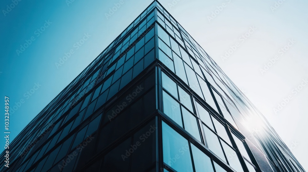 A modern glass building captured from a low angle, reflecting sunlight against a blue sky.
