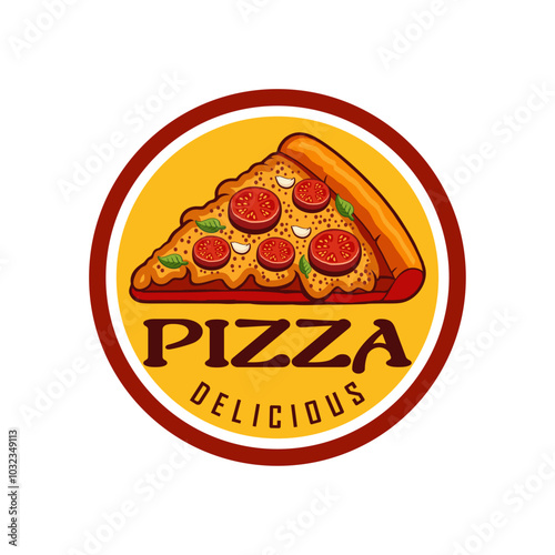 Delicious pizza logo design vector illustration template simple design sticker lettering icon