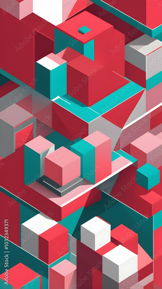 Geometric Cubical Background with pink, red, turquoise accents, Modern, Minimalist Design on White Geometric Cubical Background with pink, red, turquoise accents, Modern, Minimalist Design on White