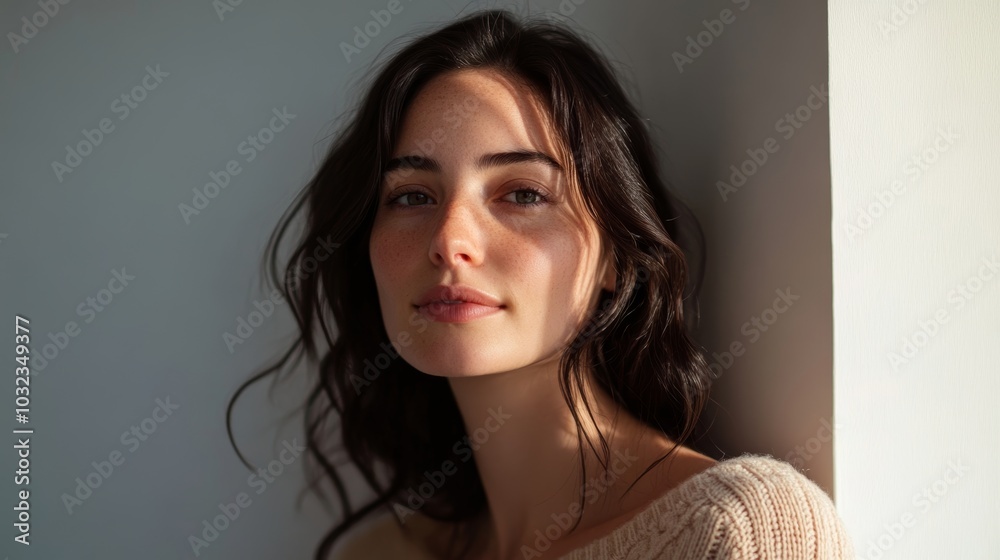 Portrait of a person with minimal makeup in soft, natural lighting, showcasing authentic beauty Portrait of a person with minimal makeup in soft, natural lighting, showcasing authentic beauty