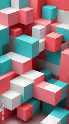 Geometric Cubical Background with pink, red, turquoise accents, Modern, Minimalist Design on White