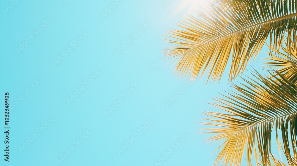 Fototapeta premium Sunlit palm leaves against a clear blue sky