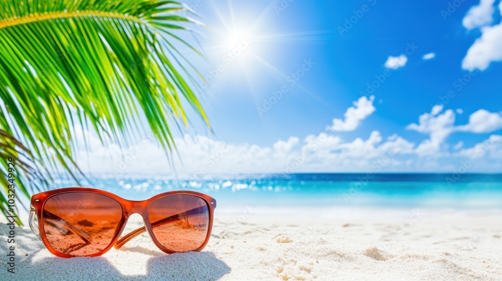 Sunglasses on a White Sandy Beach with a Blue Ocean and Palm Tree Leaves in the Background Sunglasses on a White Sandy Beach with a Blue Ocean and Palm Tree Leaves in the Background