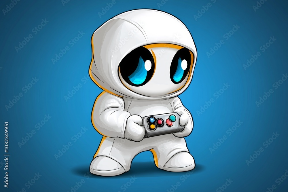 Fototapeta premium Retro pixel art character holding a joystick, with animated blinking eyes