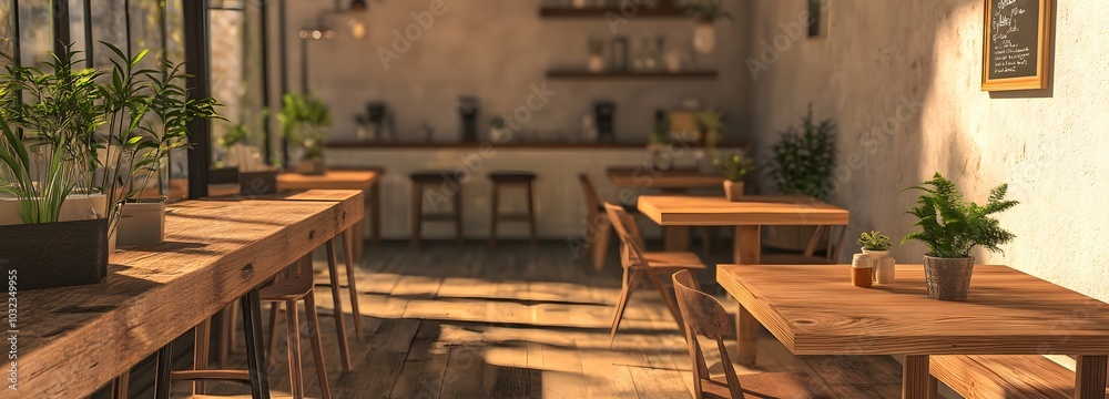 Fototapeta premium 57. A chic cafe with wooden tables and soft lighting, waiting for an item to showcase